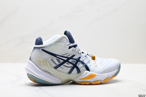 Asics Metarise volleyball shoes, made with a woven mesh upper, offering comfort, slip resistance, durability, and breathability.