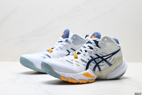 Asics Metarise volleyball shoes, made with a woven mesh upper, offering comfort, slip resistance, durability, and breathability.