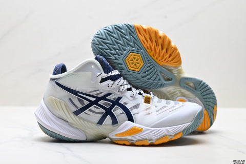 Asics Metarise volleyball shoes, made with a woven mesh upper, offering comfort, slip resistance, durability, and breathability.