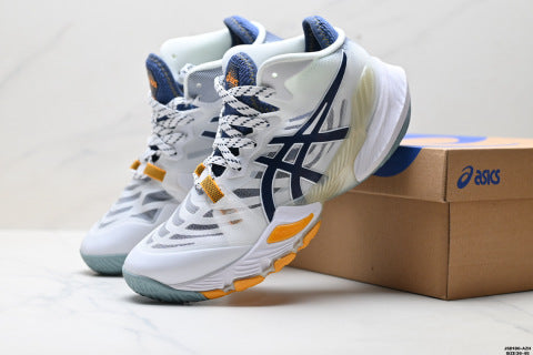 Asics Metarise volleyball shoes, made with a woven mesh upper, offering comfort, slip resistance, durability, and breathability.